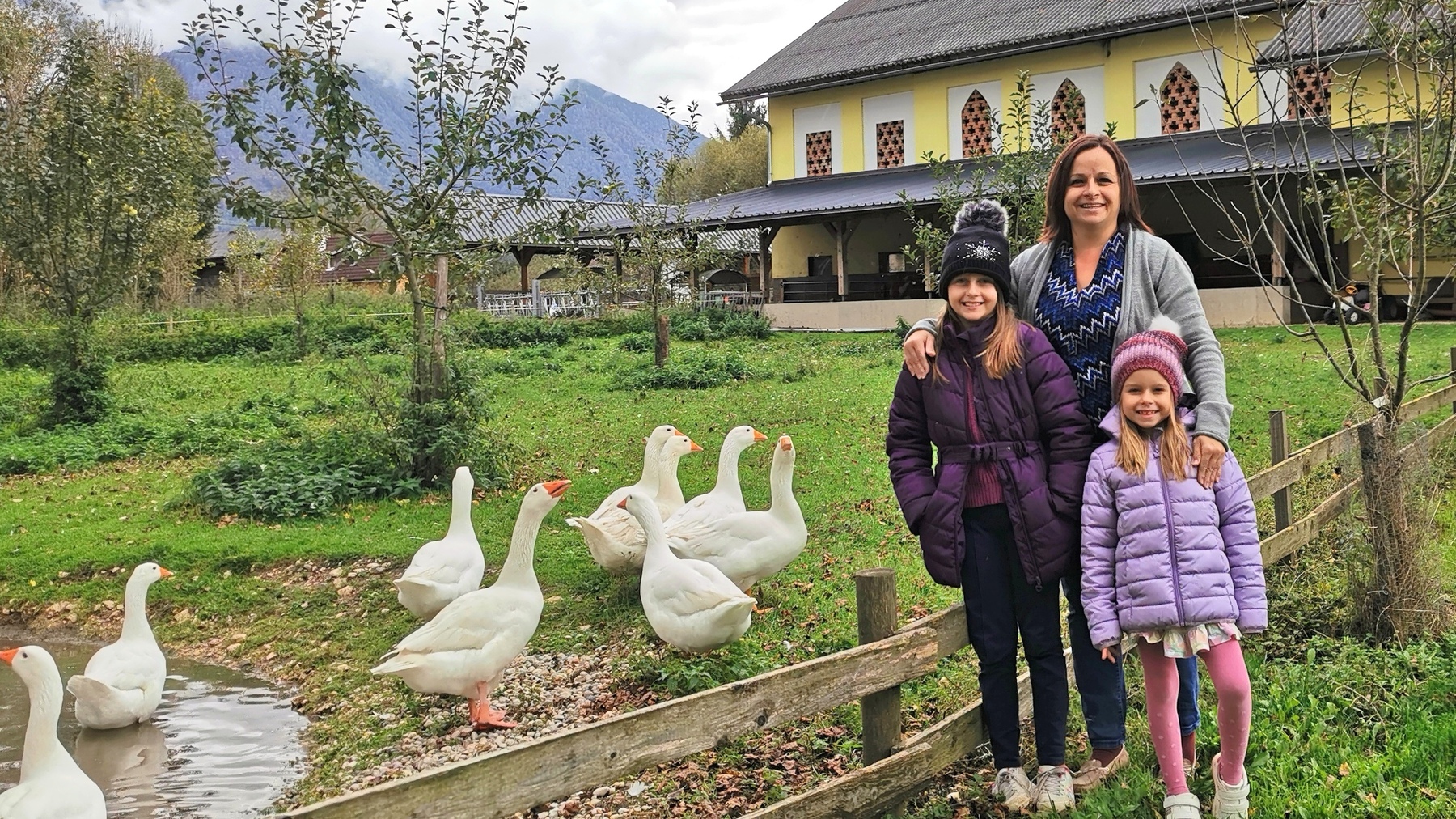 Eine Frau mit zwei Kindern steht bei einer Gruppe Weidegänse