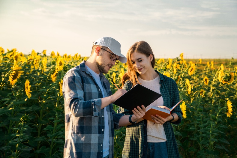 Ein Landwirt und eine Landwirtin stehen auf einem Sonnenblumenfeld und notieren Daten in ihren Unterlagen.
