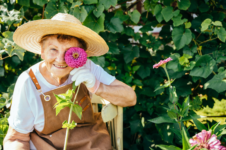 eine sitzende ältere Frau mit Sonnenhut hält sich eine rosarote Blume vor ihr linkes Auge und lacht eine sitzende ältere Frau mit Sonnenhut hält sich eine rosarote Blume vor ihr linkes Auge und lacht