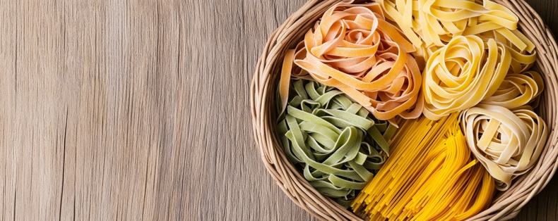 Verschiedene, bunte Nudelsorten liegen in einem Körbchen. Verschiedene, bunte Nudelsorten liegen in einem Körbchen.