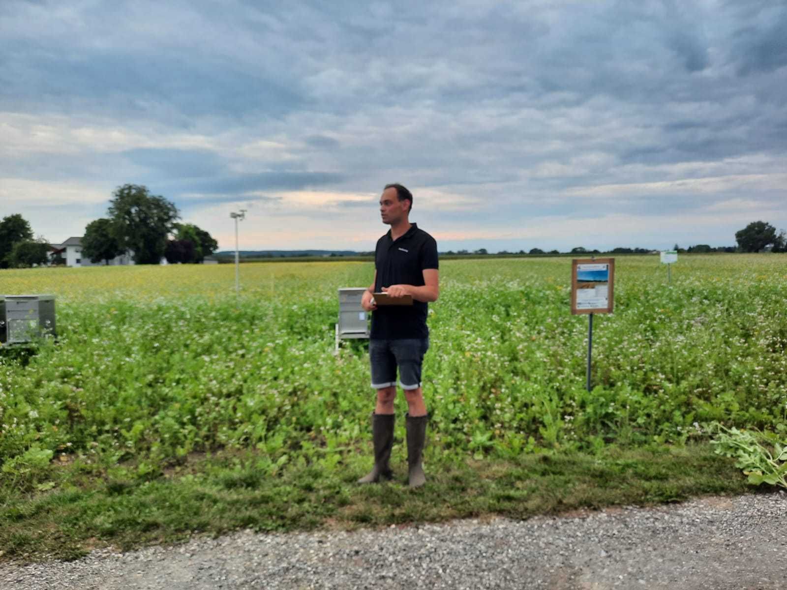 Gut 40 Personen haben sich in St. Georgen bei Obernberg informiert. Am Betrieb Schrems diskutierten Vertreter von MR OÖ, Bienenzentrum, Erwerbsimkerbund, Imker, Bauern und BWSB bis in die Dunkelheit die Zusammenhänge von Zwischenfruchtanbau und Imkereiwirtschaft/Bienenansprüche. 
Eine Folgeveranstaltung ist für den 15. Oktober 2025 am selben Standort geplant.  © BWSB
