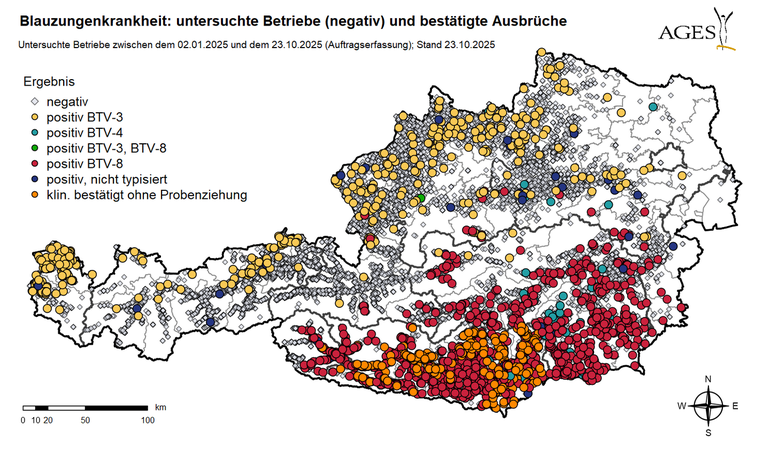 Verbreitung Blauzungenkrankheit (Stand 23.10.2025) © AGES