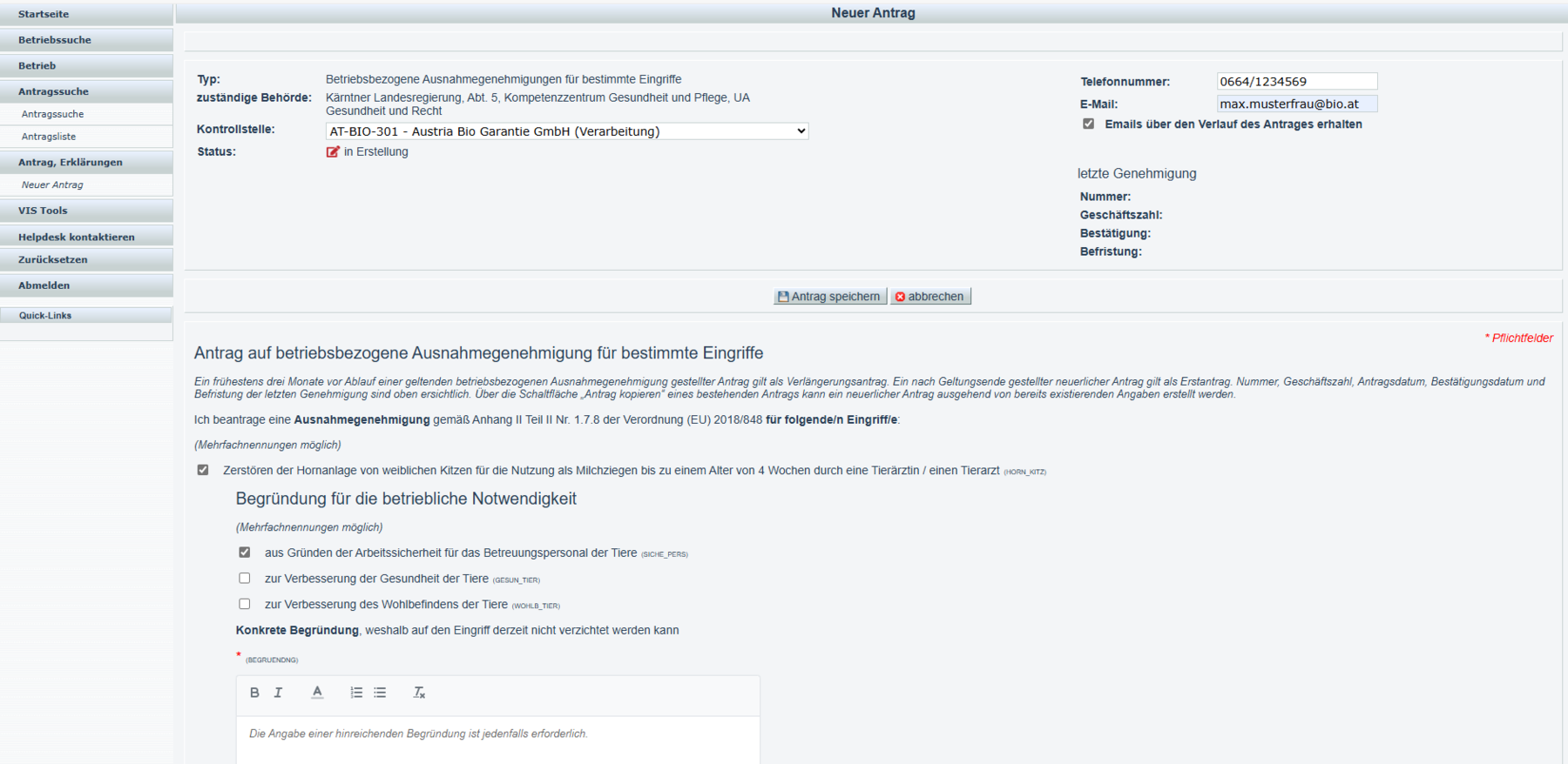 Antragstellung Eingriffe Bio-Tiere © VIS-Portal