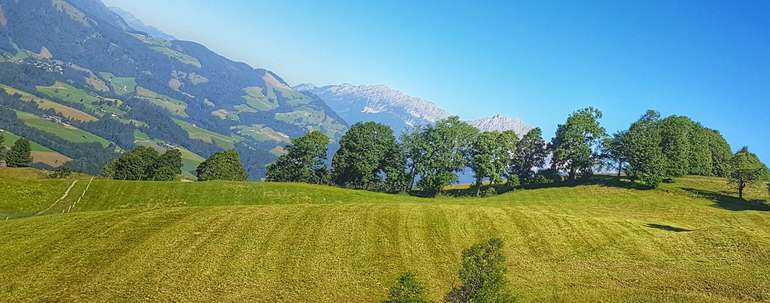 Landschaft mit Bergen und Feldern im Bezirk Kitzbühel