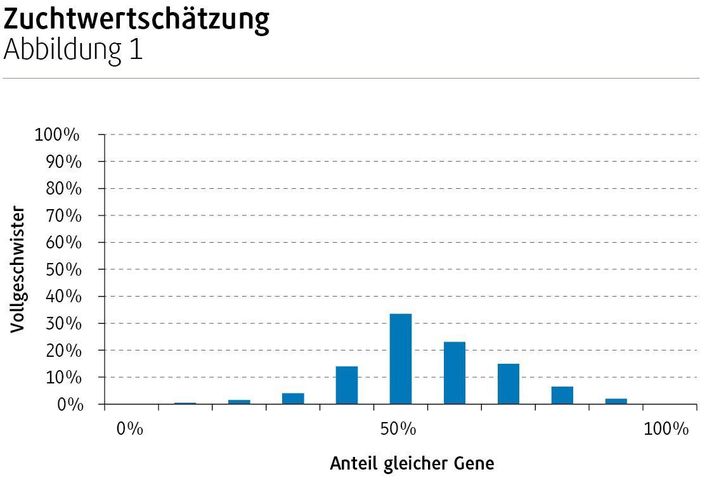 Laut traditioneller Zuchtwertschätzung teilen sich Vollgeschwister 50 Prozent der Gene. Die folgende Grafik spiegelt die Realität im Genom wieder. © LK NÖ Laut traditioneller Zuchtwertschätzung teilen sich Vollgeschwister 50 Prozent der Gene. Die folgende Grafik spiegelt die Realität im Genom wieder. © LK NÖ
