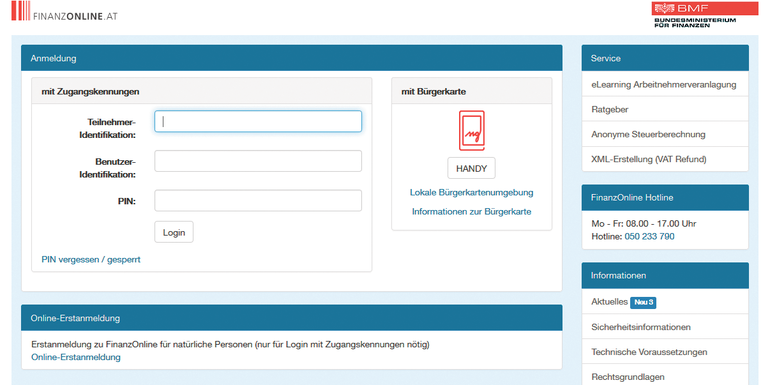 Einfach und Bequem Mit einem neuen Layout steht FINANZOnline kostenlos und rund um die Uhr zur Verfügung und es bedarf keiner speziellen Software. Der Amtsweg erfolgt per Mausklick ? vom Eingang der Steuererklärung mit dem online auszufüllenden Formular bis hin zur Zustellung des Bescheides geht alles elektronisch. © https://finanzonline.bmf.gv.at/fon/ Einfach und Bequem Mit einem neuen Layout steht FINANZOnline kostenlos und rund um die Uhr zur Verfügung und es bedarf keiner speziellen Software. Der Amtsweg erfolgt per Mausklick ? vom Eingang der Steuererklärung mit dem online auszufüllenden Formular bis hin zur Zustellung des Bescheides geht alles elektronisch. © https://finanzonline.bmf.gv.at/fon/