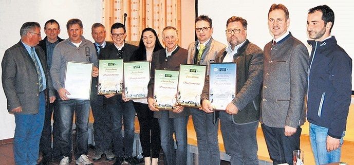 Die ausgezeichneten Besitzer einer Staatsprämienstute (v.l., mit Urkunde): Haflinger: Josef Schilcher (Stall i. M.), Mario Niederdorfer (Klagenfurt), Katrin Plesin (St. Stefan/Gail), Johann Haberle (Köstendorf), Manfred Lientschnig (Arnoldstein); Noriker: Franz Marcher (Metnitz) © LPZV Kärnten Die ausgezeichneten Besitzer einer Staatsprämienstute (v.l., mit Urkunde): Haflinger: Josef Schilcher (Stall i. M.), Mario Niederdorfer (Klagenfurt), Katrin Plesin (St. Stefan/Gail), Johann Haberle (Köstendorf), Manfred Lientschnig (Arnoldstein); Noriker: Franz Marcher (Metnitz) © LPZV Kärnten