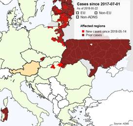 Fälle der Afrikanischen Schweinepest (ASP) ab Juli 2017 und neue Fälle (hellrot) ab dem 14. Mai 2018. Der aktuelle Fall in Rumänien ist noch nicht berücksichtigt. © ADNS Fälle der Afrikanischen Schweinepest (ASP) ab Juli 2017 und neue Fälle (hellrot) ab dem 14. Mai 2018. Der aktuelle Fall in Rumänien ist noch nicht berücksichtigt. © ADNS