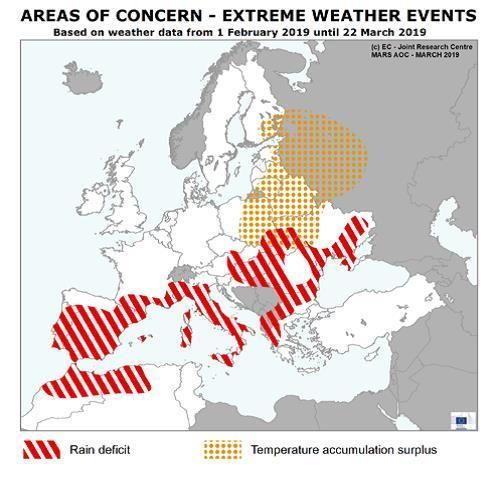 Extreme Wetterereignisse in Europa,
Schraffiert: Regionen mit Trockenheit; Punktiert: Regionen mit zu hohen Temperaturen © Quelle: JRC MARS Bulletin (March 2019) Extreme Wetterereignisse in Europa,
Schraffiert: Regionen mit Trockenheit; Punktiert: Regionen mit zu hohen Temperaturen © Quelle: JRC MARS Bulletin (March 2019)