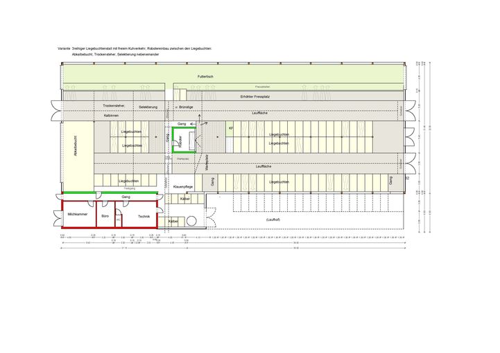 Dreireihiger Liegebuchtenstall mit freiem Kuhverkehr, Robotereinbau zwischen den Liegebuchten; Abkalbebucht, Trockensteher und Selektierung nebeander. © Josef Rechberger/LK Niederösterreich