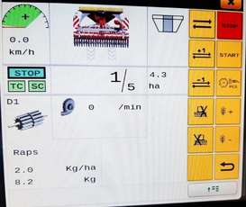 Im Arbeitsmenü kann man während der Arbeit die wichtigsten Maschinenfunktionen überwachen und auch die Saatgutdosierung an unterschiedliche Bodenverhältnisse anpassen.