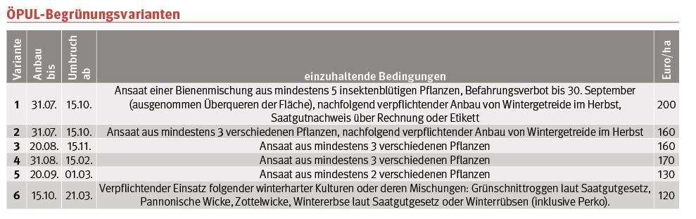 Tabelle ÖPUL-Begrünungsvarianten © LK-Stmk