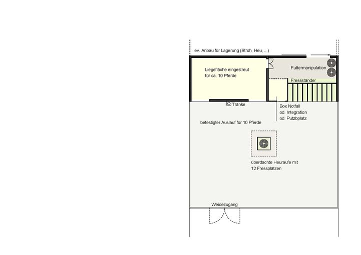 Planungsbeispiel eines kompakten Offenstalls für zirka zehn Pferde.