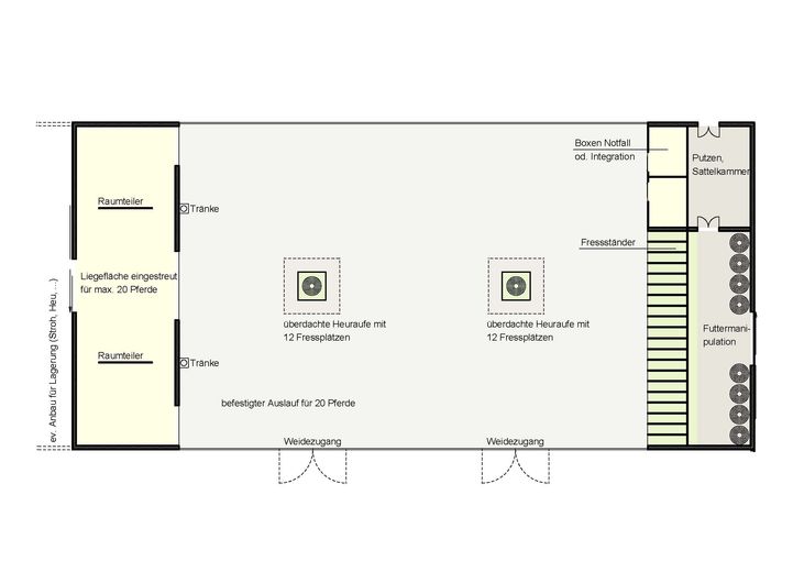 Planungsbeispiel eines zweihäusigen Offenstalls mit befestigtem Auslauf.