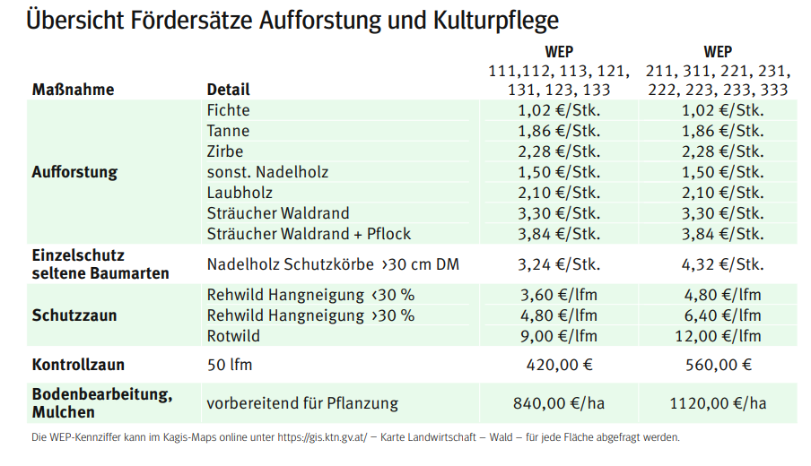 Fördersätze Aufforstung.png © LK Kärnten Fördersätze Aufforstung.png © LK Kärnten