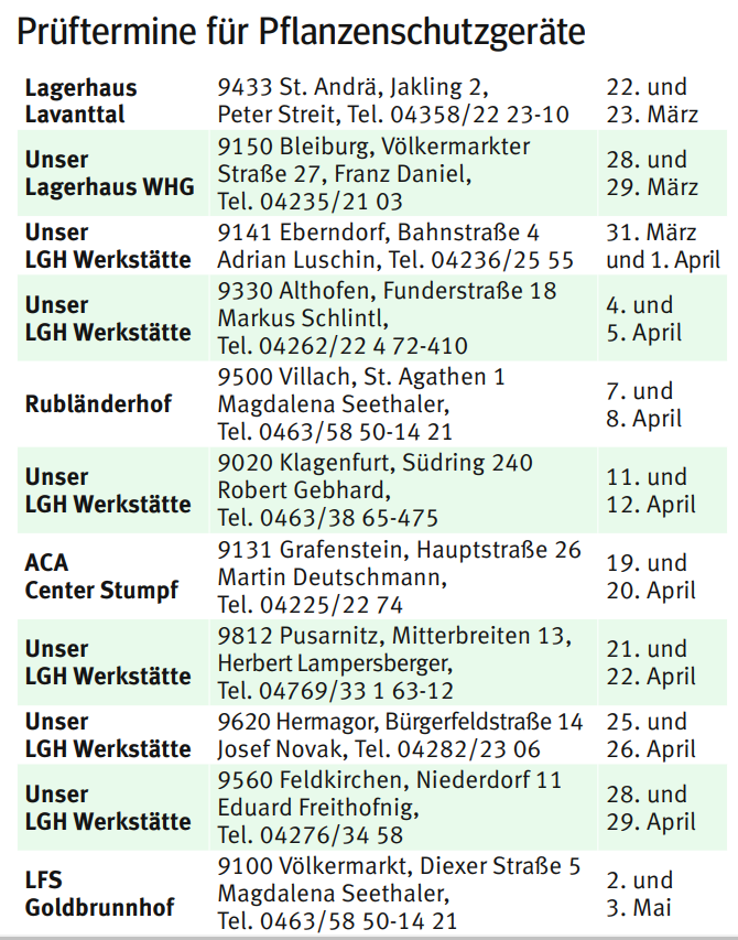 prüftermine Pflanzenschutzgeräte.png © LK Kärnten prüftermine Pflanzenschutzgeräte.png © LK Kärnten