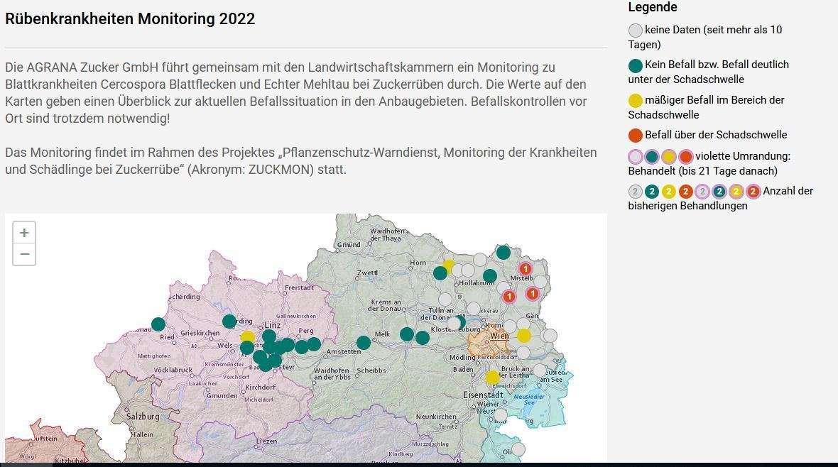 Ausschnitt aus der Monitoringkarte für Krankheiten 2022 © www.warndienst.at Ausschnitt aus der Monitoringkarte für Krankheiten 2022 © www.warndienst.at