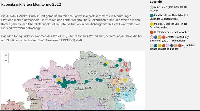 Ausschnitt aus der Monitoringkarte für Krankheiten 2022 © www.warndienst.at Ausschnitt aus der Monitoringkarte für Krankheiten 2022 © www.warndienst.at