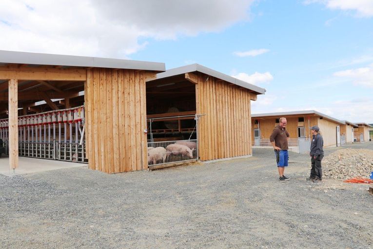 Westseitig von links nach rechts: Zweihäusiger Wartestall, ein Ferkelaufzuchtstall und zwei Abferkelställe,