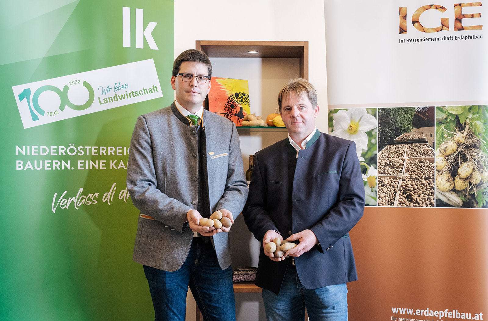 Landwirtschaftskammer NÖ-Vizepräsident Lorenz Mayr und IGE-Obmann Franz Wanzenböck beim Erdäpfelerntegespräch 2022.