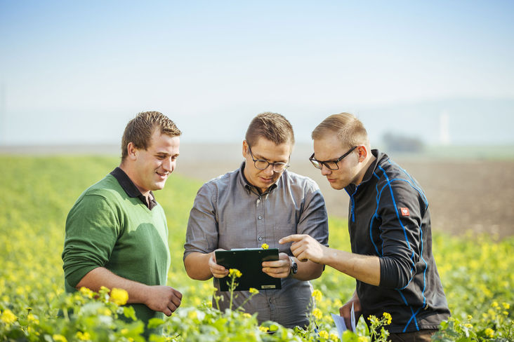 Drei Männer am Feld mit mobilen Endgeräten