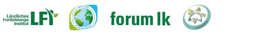 Logos: LFI Tirol, Klimabündnis-Betrieb, forum lk, Green Events Tirol Location