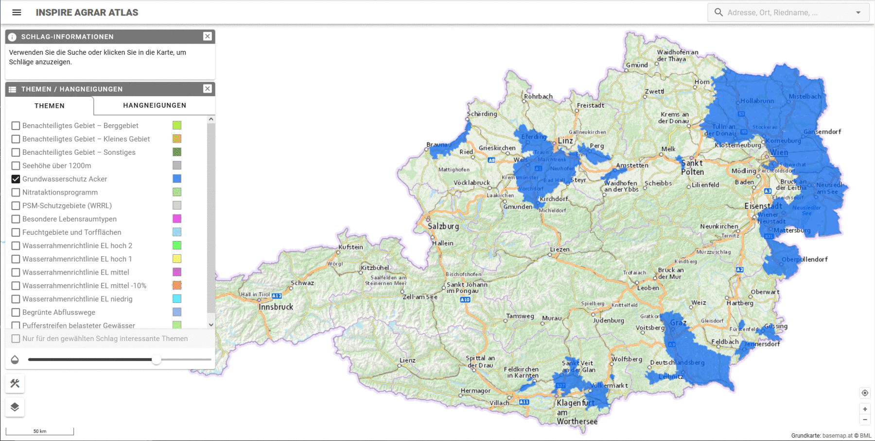 Screenshot Layer Grundwasserschutz Acker INSPIRE Agraratlas.gif © BML Screenshot Layer Grundwasserschutz Acker INSPIRE Agraratlas.gif © BML