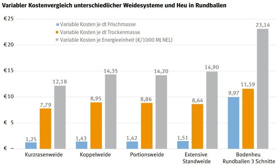 Variabler Kostenvergleich unterschiedlicher Weidesysteme und Heu in Rundballen.jpg © Quelle: Bundesanstalt für Agrarwirtschaft und Bergbauernfragen: Interaktive Deckungsbeiträge und Kalkulationsdaten 2019 bis 2022, eigene Berechnungen 2023 Variabler Kostenvergleich unterschiedlicher Weidesysteme und Heu in Rundballen.jpg © Quelle: Bundesanstalt für Agrarwirtschaft und Bergbauernfragen: Interaktive Deckungsbeiträge und Kalkulationsdaten 2019 bis 2022, eigene Berechnungen 2023