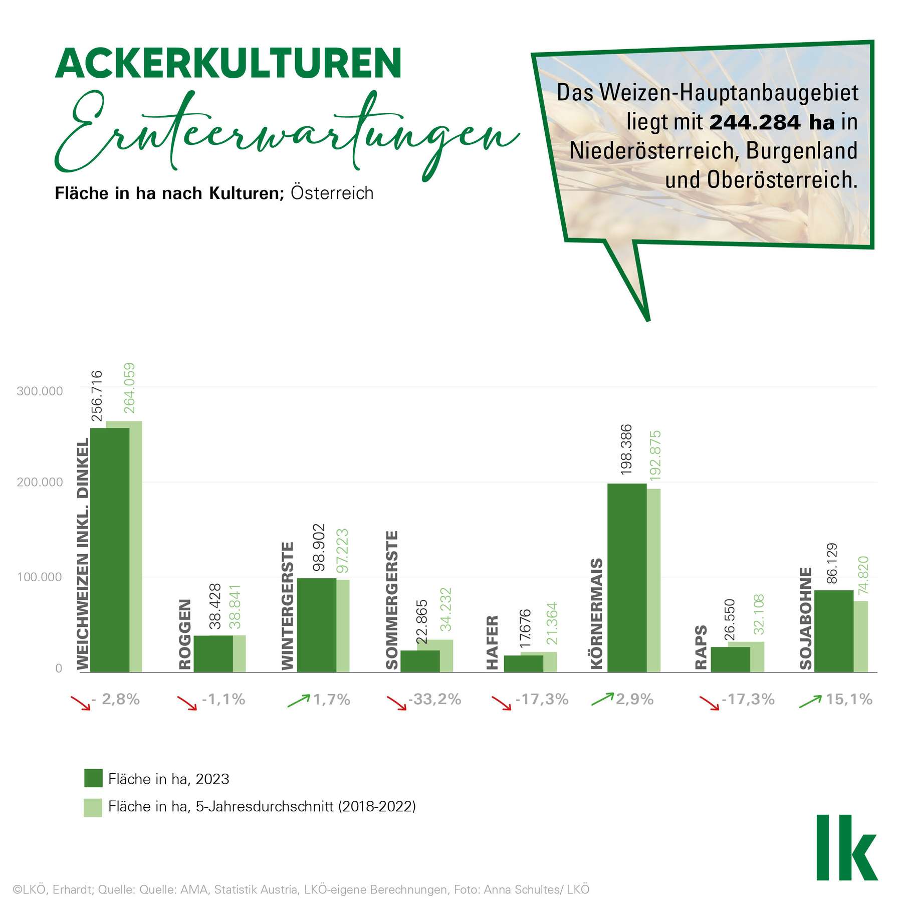 Grafik Ackerkulturen nach Fläche 2023 © Erhardt/LKÖ