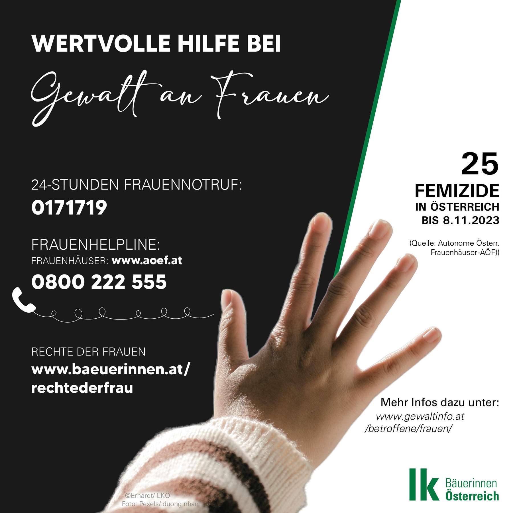 Sharepic Gewalt gegen Frauen 2023 © Erhardt/LKÖ, Foto Pexels Sharepic Gewalt gegen Frauen 2023 © Erhardt/LKÖ, Foto Pexels