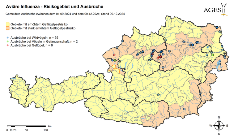 Risikogebiete und Ausbrüche Vogelgrippe.png © Ages