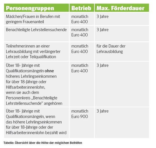 Tabelle Übersicht über die Höhe der möglichen Beihilfen.jpg © LK Wien