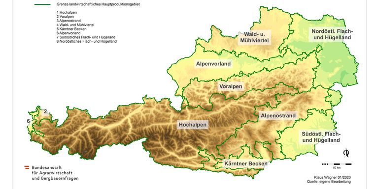 01_Einteilung der Hauptproduktionsgebiete in Österreich_Wagner (1) © Quelle: Bundesanstalt für Agrarwirtschaft und Bergbauernfragen/Wagner