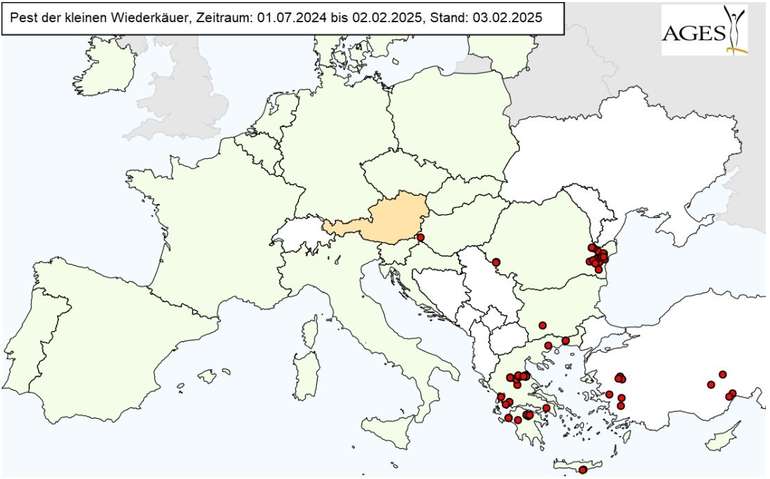 Darstellung des aktuellen Ausbruchs der Pest des kleinen Wiederkäuers.jpg © AGES Darstellung des aktuellen Ausbruchs der Pest des kleinen Wiederkäuers.jpg © AGES
