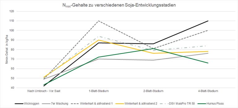 Abbildung 1_Nmin-Gehalte im Soja zu verschiedenen Entwicklungsstadien nach verschiedenen Zwischen-früchten.jpg © BWSB Abbildung 1_Nmin-Gehalte im Soja zu verschiedenen Entwicklungsstadien nach verschiedenen Zwischen-früchten.jpg © BWSB