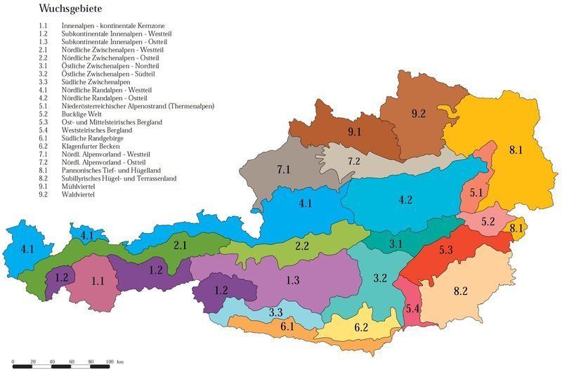 Lage und Bezeichnung der forstlichen Wuchsgebiete Österreichs.jpg © Bundesforschungszentrum für Wald Lage und Bezeichnung der forstlichen Wuchsgebiete Österreichs.jpg © Bundesforschungszentrum für Wald