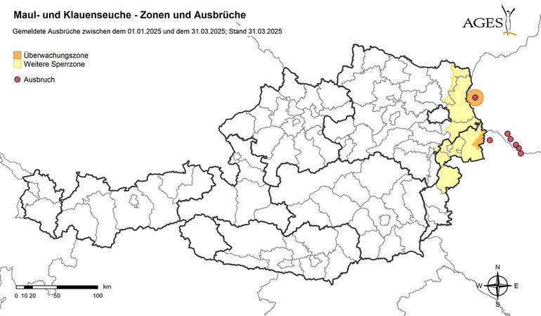 Österreichkarte mit Zonen von Maul- und Klauenseuche an der Grenze zu Österreich © Ages Österreichkarte mit Zonen von Maul- und Klauenseuche an der Grenze zu Österreich © Ages