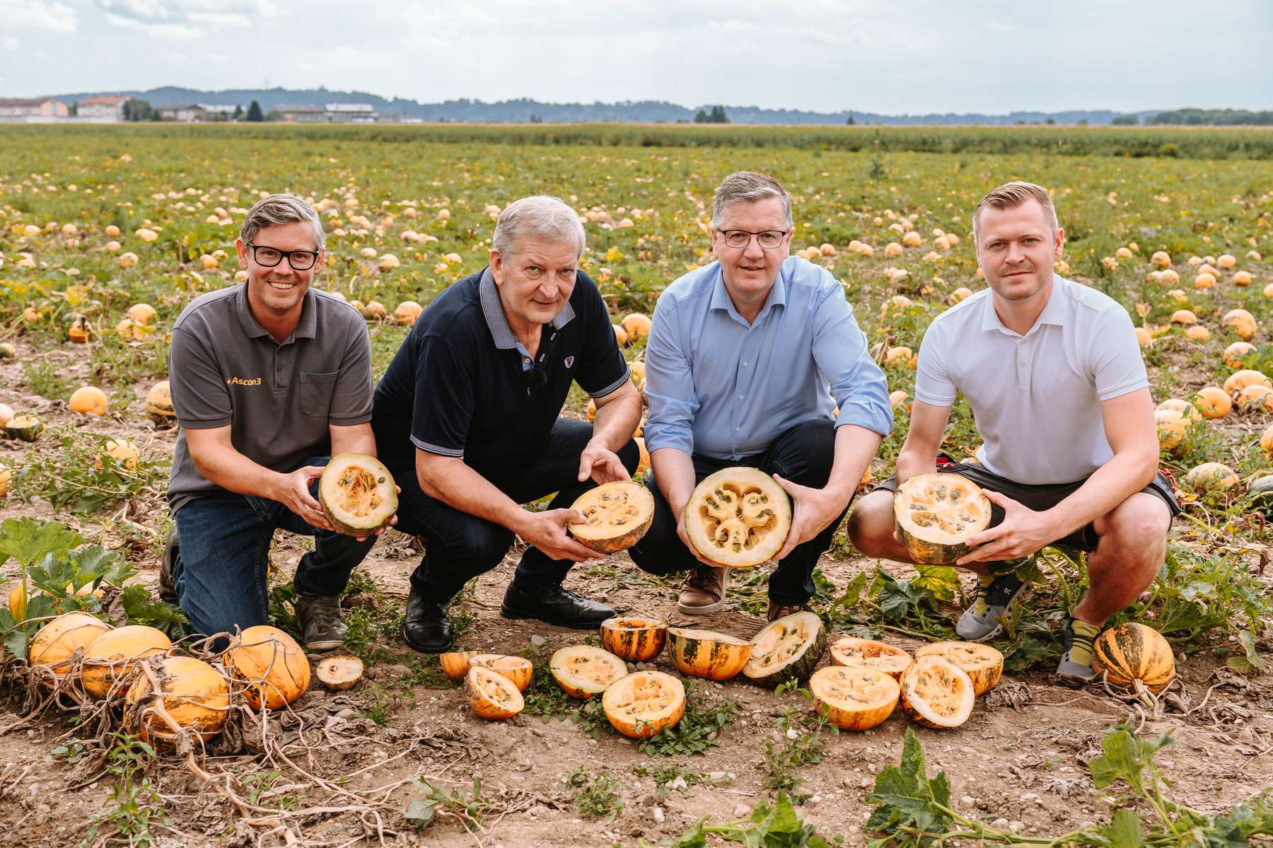 Präsident Andreas Steinegger (2.v.r.) betont: Beize hat viele Kürbispflanzen gerettet. Im Bild mit Jungbauern Michael Konrad (rechts), Obmann Franz Labugger (2.v.l.) und Ascon 3 Geschäftsführer Bernhard Pfeiffer (links) © LK Steiermark-Nadja Fuchs