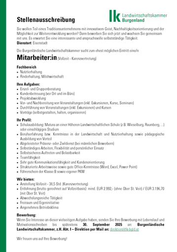 Stellenausschreibung Berater Rinderzucht.png © Archiv