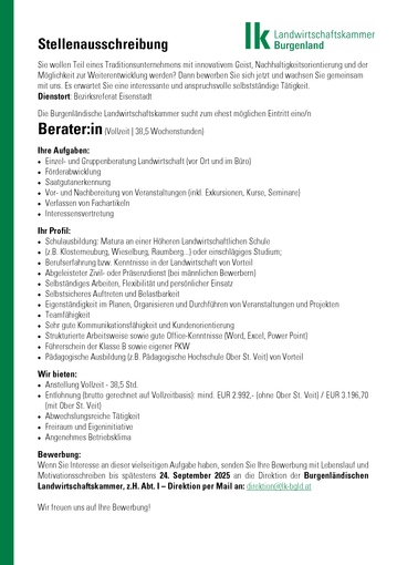 Stellenausschreibung Bezirksreferat Eisenstadt-Berater.png © Archiv