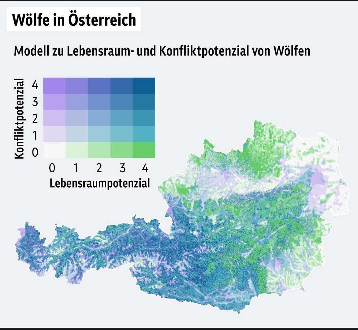 Konfliktpotenzial Wolf.jpg © Grafik nach Projekt Lebensraum- und Konfliktpotentialmodell für den Wolf (Canis Lupus) in Österreichu0022, Universität für Bodenkultur