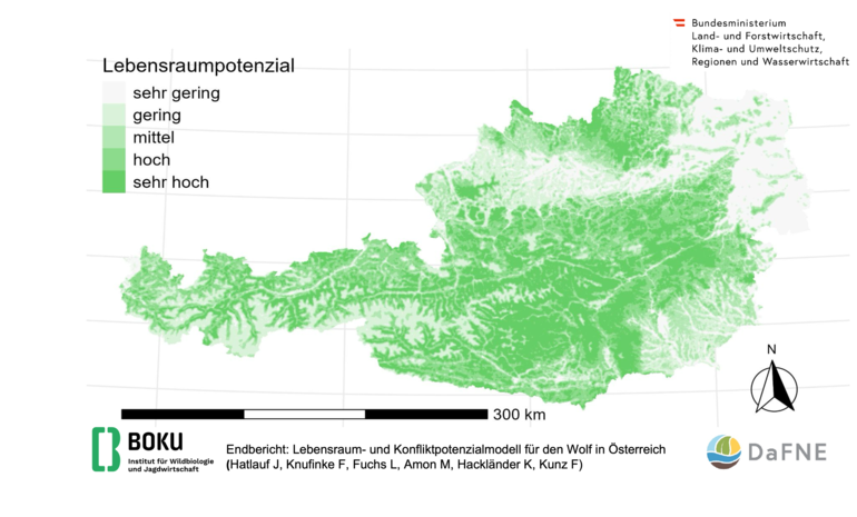 Landkarte Österreich mit eingezeichneten Lebensraumgebieten des Wolfes © BOKU