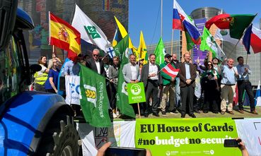 LK-Präsident Berlakovich mit Österreich-Fahne bei einer Kundgebung in Brüssel.jpg © LKÖ/Gröger