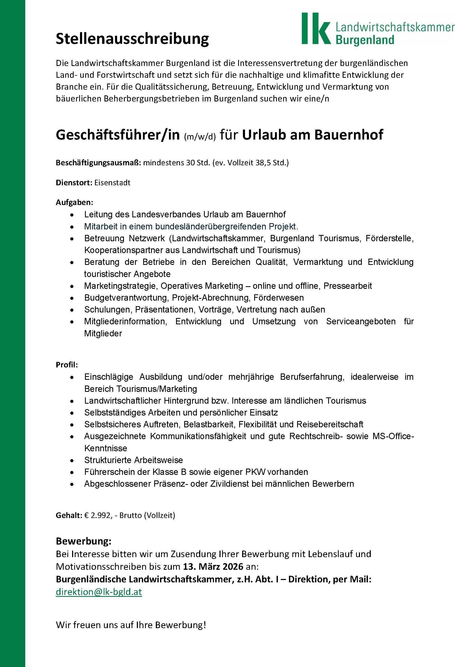 Stellenausschreibung Geschäftsführer/in für Urlaub am Bauernhof.jpg © Archiv