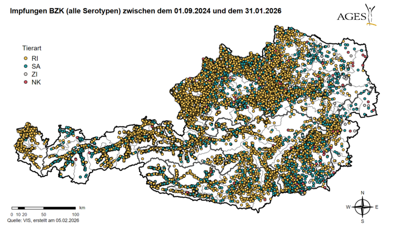 Impfverbreitung Blauzunge (Stand: Jänner 2026) © AGES
