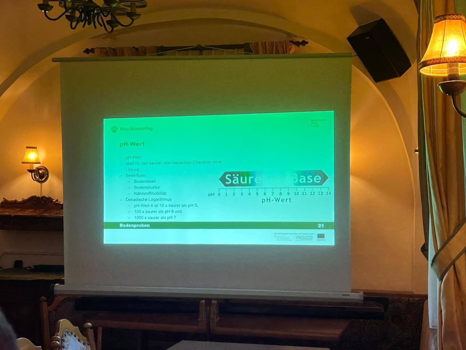 Im ersten Teil informierte Alexander Schmid zu aktuelle Themen rund um Pflanzenschutzaufzeichnungen, Bodeneigenschaften, Bodenentstehung und weitere Möglichkeiten der Bodenuntersuchungen. Andreas Heinzl vom MR OÖ ging im zweiten Teil auf die Interpretation der (per GPS gezogen) Untersuchungsergebnisse ein. Abschließend 
ging Andreas Höller von Terra Innovation auf ihre GPS basierte Bodenprobenziehung ein und zeigte verschiedene Düngerstrategien auf. © BWSB