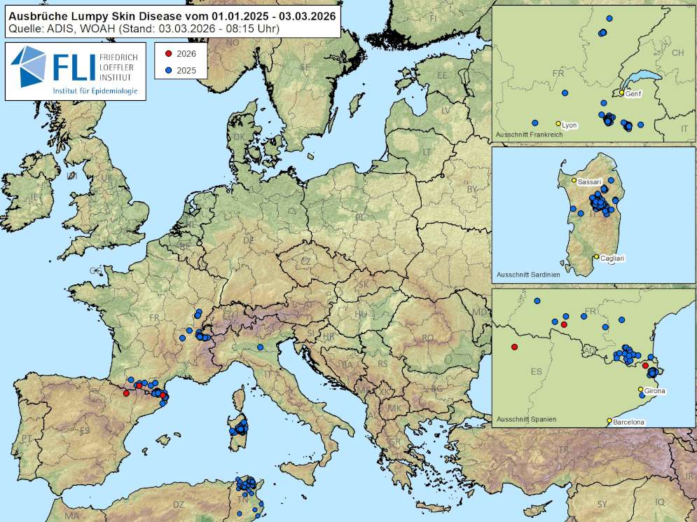 Lumpy Skin Disease Verbreitungskarte (Stand: 3.3.2026) © Friedrich Loeffler Institut