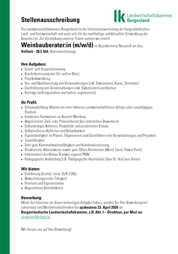 Stellenausschreibung_Weinbauberater_Bezirksreferat Neusiedl.png © Archiv