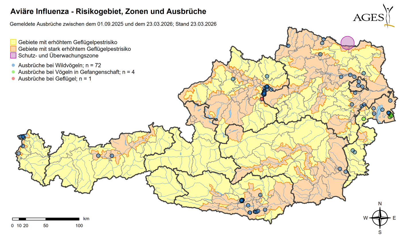 Geflügelpest Ausbrüche (Stand: 23.3.2026) © AGES