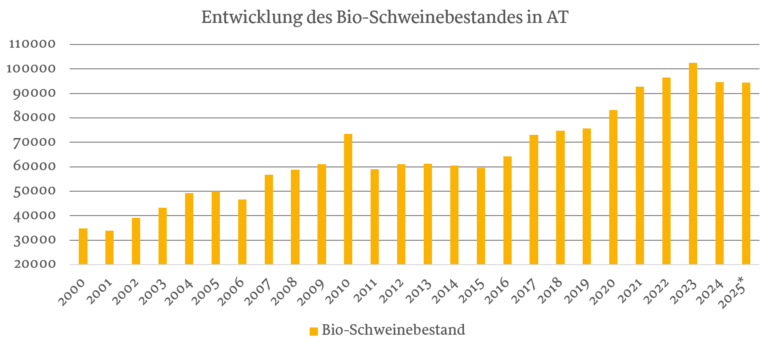 Entwicklung des Bio-Schweinebestandes in Österreich ab 2000.png © Grüner Bericht 2025, Augustin Koch